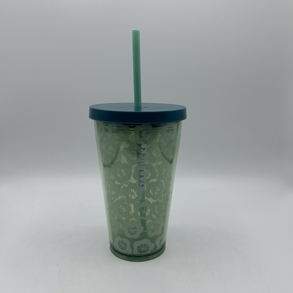 STARBUCKS Grande Green Floral Blossom Green Straw Cold Cup Acrylic Tumbler 16 Oz